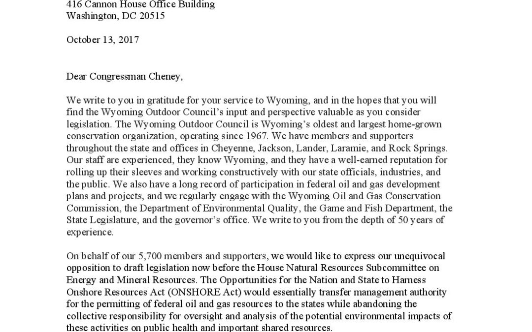 Letter to Rep. Cheney on ONSHORE Act